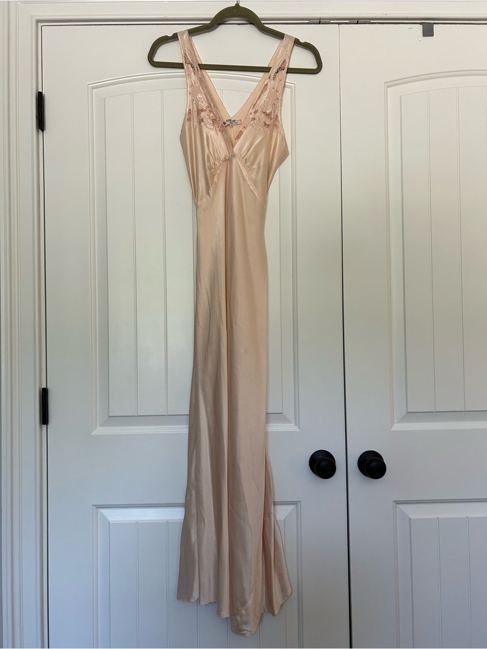 Silk Embroidered Bias Cut Maxi Dress Nightgown Soft Peach - Picture 4 of 11